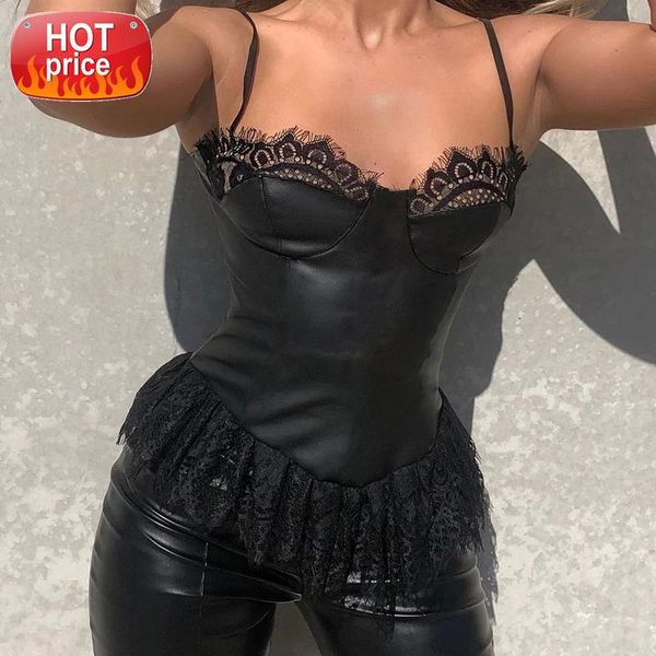 

hirigin new lace patchwork pu leather v-neck tank vest women fashion autumn summer ruffles sleeveless strap tank camis #9w7v, White