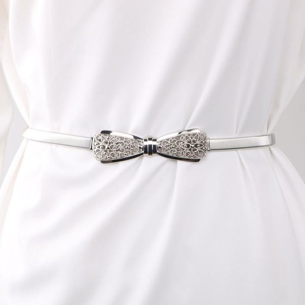 

metal belts for women designer brand women skinny bow knot belt female gold silver color waist chain elastic thin cummerbunds, Black;brown