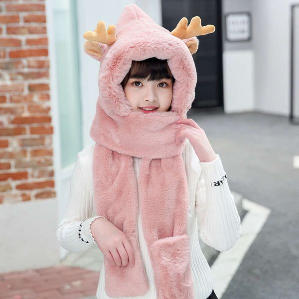

children's christmas suit fawn scarf horn glove three piece winter parent child warm hat, Red;brown