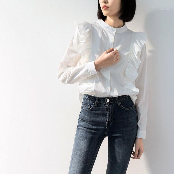 

collar women shirts streetwear chic summer long sleeve stand fashion designer female button up white loose ruffles blouse1