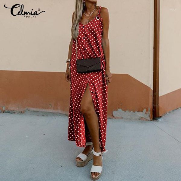 

celmia 2020 new long split vestidos women straps sleeveless summer sundress polka dot printed maxi dress casual female robe 5xl1, Black;gray