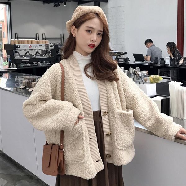 

women's jackets autumn winter fashion women coat 2021 loose long-sleeved double layer imitation lambswool cardigan nuw368, Black;brown