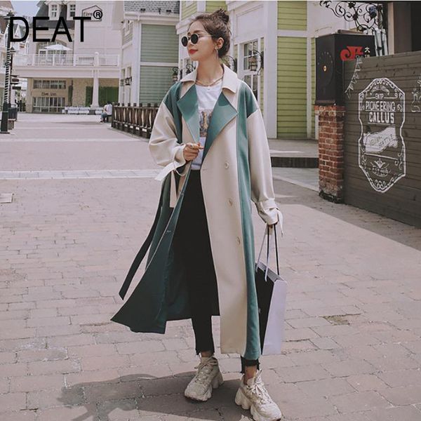 

deat] 2020 new autumn fashion women trench coat hit color full sleeve lapel collar casual wild loose slim with belt tx576, Tan;black