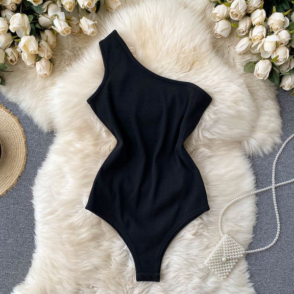 

2021 new singiny thin women will off the solid shoulder stylish bodysuit summer fashion streetwear elastic overalls fvji, Black;brown