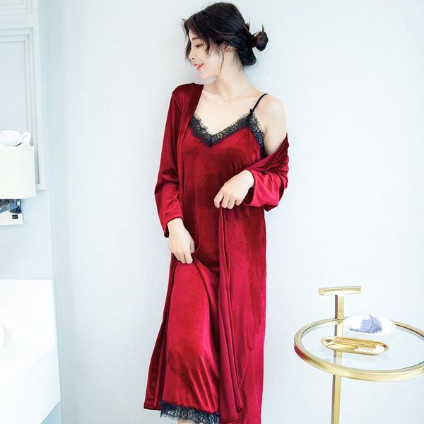 

2pcs burgundy velvet women kimono robe gown sets black feather lingerie bathrobe sleepwear nightwear autumn casual homewear, Black;red