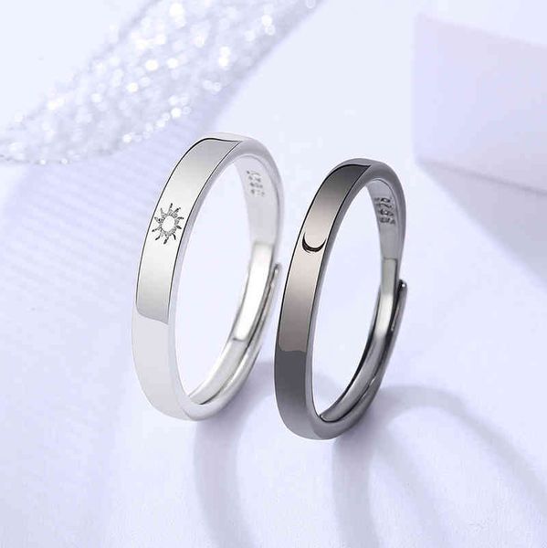 

2 pcs/pair sun moon matching couple friendship lover open adjustable rings set minimalist engagement wedding lovers kit, Silver