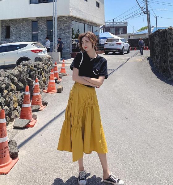 

make summer french design feeling restoring ancient ways is yellow umbrella skirt skirts female irregular fold a word1, Black