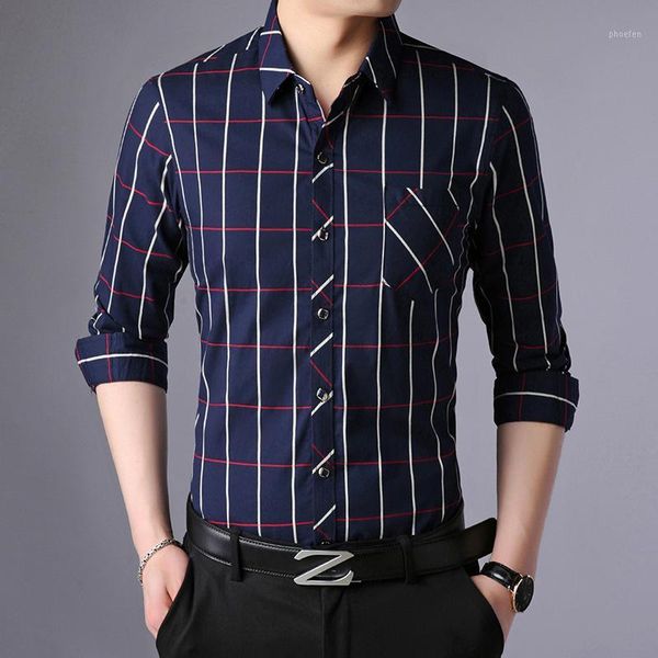 

2019 fashion high-end brand long-sleeved casual business fit men's shirt pocket decorated long-sleeved plaid lapel shirt men1, White;black