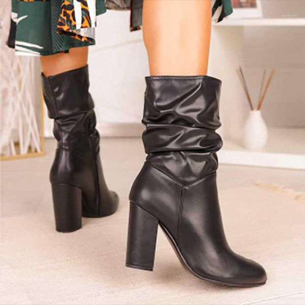 

boots [fvfv]ins boot women fashion chunky heel knee high pointed toe fold woman thick winter shoes 20211, Black