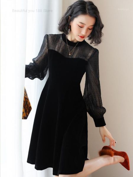 

fashion new spring long sleeve small black dress stitching chiffon slimming velvet dress1, Black;gray