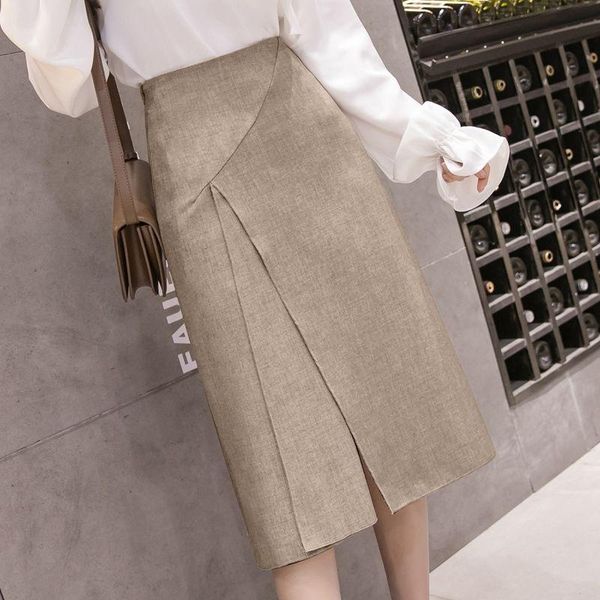 

skirts 2021 women autumn winter solid casual skirt female high waist a-line mid-long lady slim irregular split d32, Black