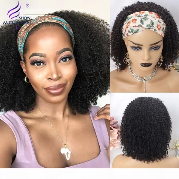 

modern show brazilian afro kinky curly wig remy human hair kinky curly headband wigs for black women 150% glueless 10-26 inches, Black;brown