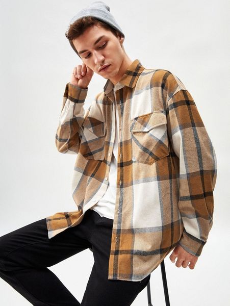 

men drop shoulder flap pocket plaid print shirt n0tj#, White;black