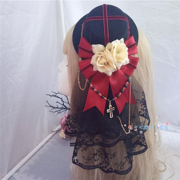 

hair accessories steampunk victorian mini hat women vintage rock goth flower ribbon bow cross chain mesh girl fedora fascinator headwear
