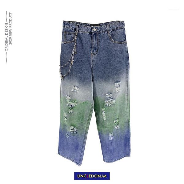 

uncledonjm +necklace design gradient ripped jeans men's hip hop fashion destroy wash distressed streetwear mens jeans ad-60071, Blue