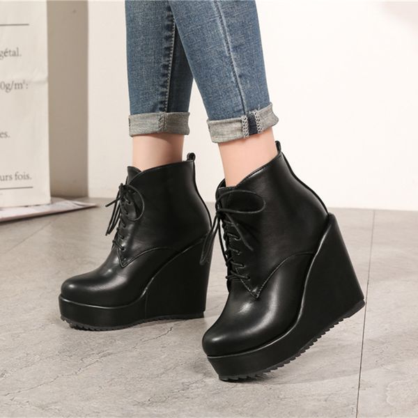 

20new spring female boots high heels solid lace more size 32-43 shoes, Black