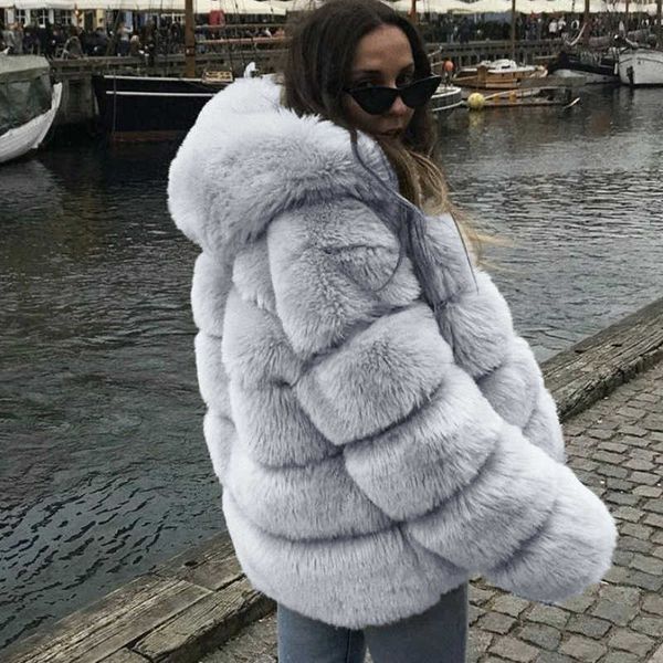 

elegant imitation fur lady overcoat fox fur hooded fluffy coat women large size faux fur coat outerwear warm eveningwear coat, Black