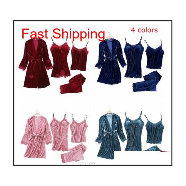 

2019 gold velvet 4 pieces warm winter pajamas sets women lace bath robe pajamas sleepwear kit slee qylaqr yh_pack