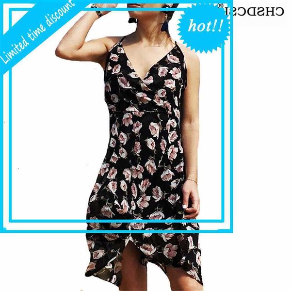 

chsdcsi women elegant mode v-neck spaghetti band uncommon blackless print black flowers dress beach plus size jurk