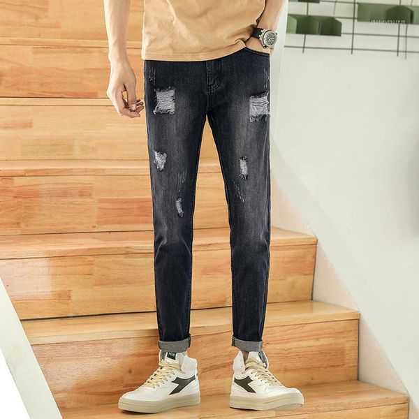 

men's jeans large size men's 2021 summer denim nine pants feet casual hole washed retro solid color jeans1, Blue