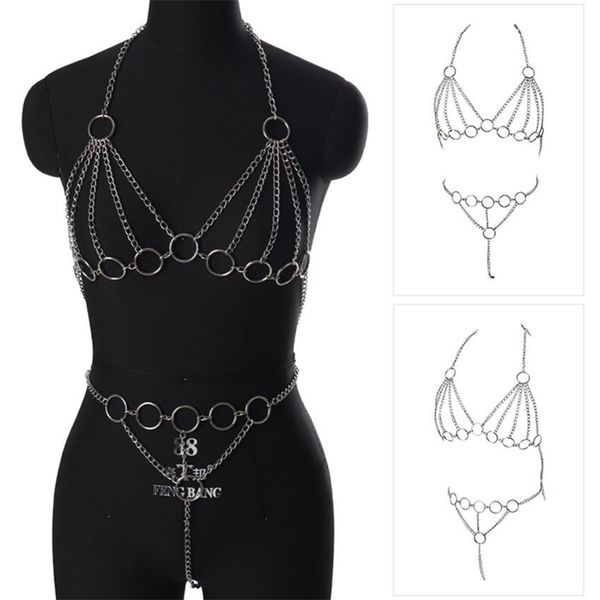 

womens metal body chain bra and panties set summer beach bikini jewelry o-ring underwear bralette thong luxury jewellery t200508, Slivery;golden