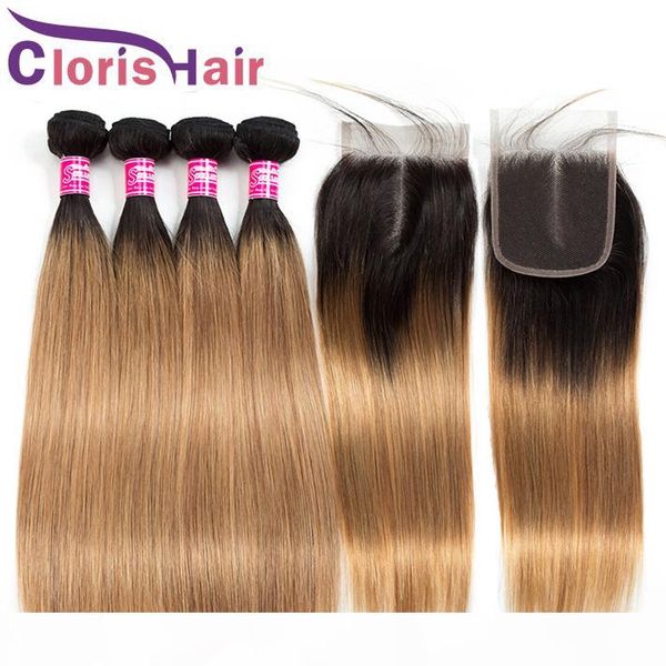 

pre plucked t1b 27 lace closure with 3 bundles brazilian virgin straight ombre human hair weave honey blonde colored extensions with closure, Black;brown