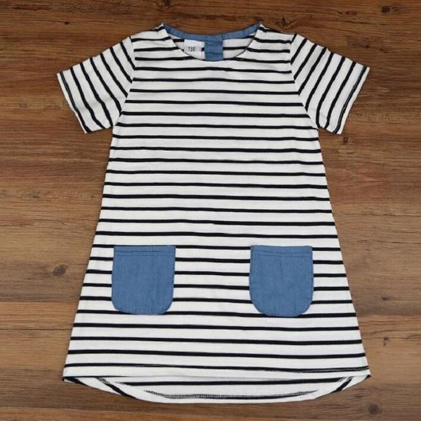 

Girls Blue Striped Denim Pocket Short Sleeve Dress Size100cm, Black;white