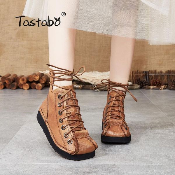 

boots tastabo genuine leather ladies ankle retro style women's yellow black s88503 rubber sole comfortable lining 35-401