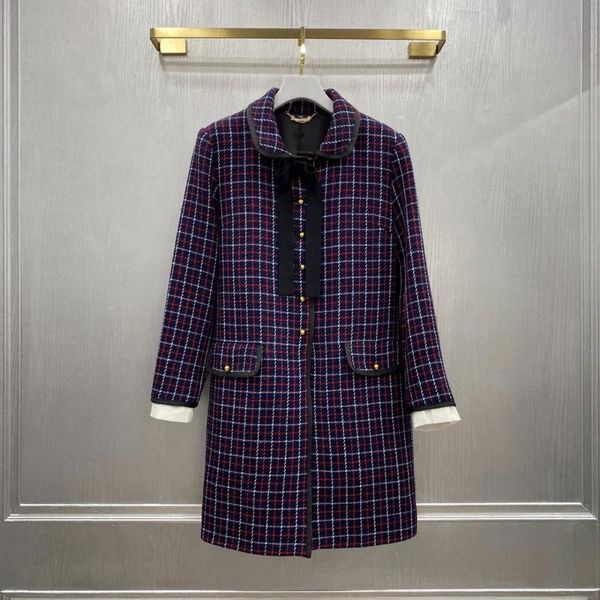 

100% wool brand fashion women high luxury winter vintage sweet elegant bow woven plaid midi woolen coat, Black