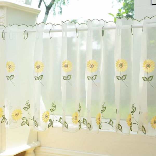 

2 pieces a lot transparent yellow and pink daisy embroidery finished short coffee kitchen curtain half curtains1