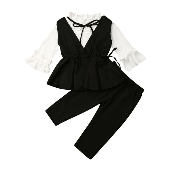 

infant toddler baby girl clothes sets flare long sleeve v-neck suit ruffle vest long pants 3pcs sets party formal suits 201126, White