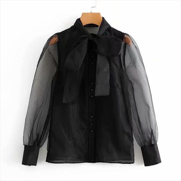 

women vintage transparent bow tied collar casual black organza blouse shirt business feminina blusas chic, White