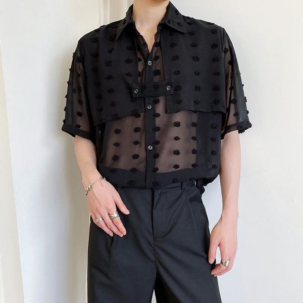 

summer fashion trends 2020 lace chiffon perspective cutout short sleeve shirt for men casual black blouse stage show party shirt1, White;black