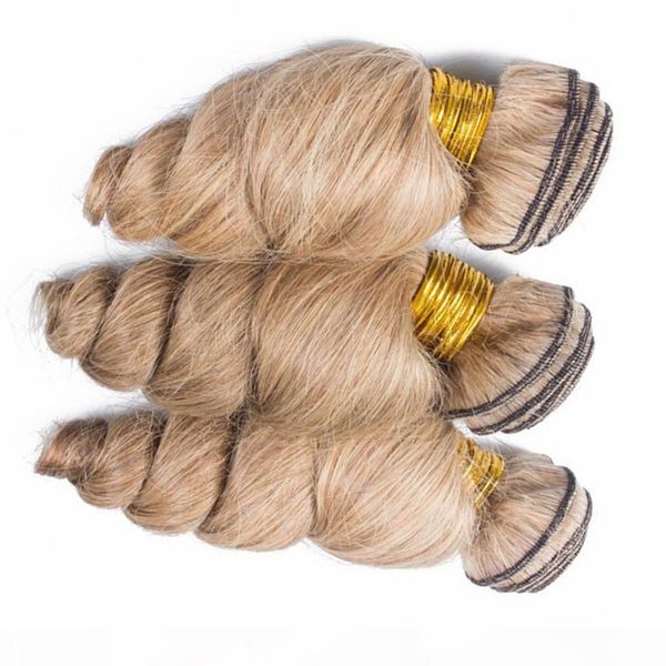 

#27 honey blonde malaysian human hair loose wave weave bundles 3pcs lot light brown loose wavy human hair wefts extensions mixed length, Black