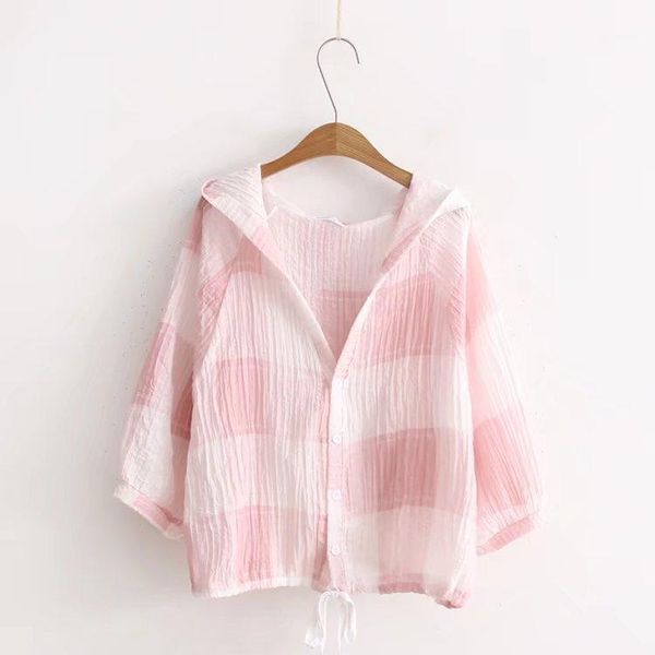 

2020 summer thin jacket women japanese sweet three quarter hooded jackets student sun-proof pink plaid single breasted1, Black;brown