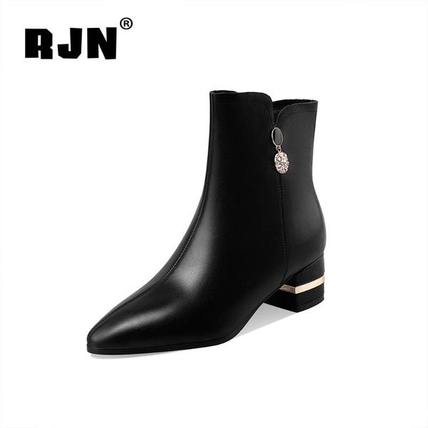 

boots rjn elegant women's ankle genuine leather pointed toe metal decoration low heel zipper shoes ro445, Black