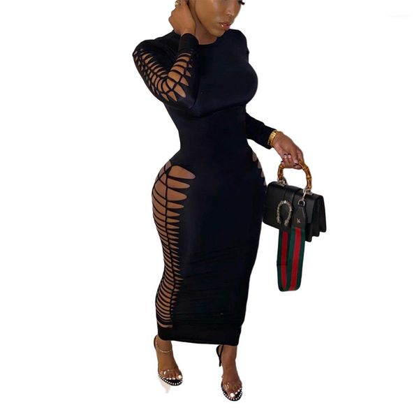 

dress long sleeve crew neck skinny bodycon dresses ladies solid clothes women hollow out, Black;gray