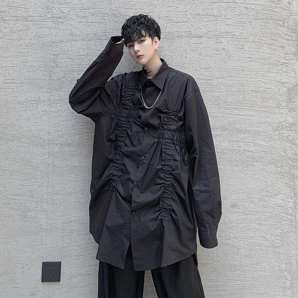 

japan korea men long sleeve casual shirt male fashion show punk gothic hip hop dress shirts stage clothing streetwear b70, White;black