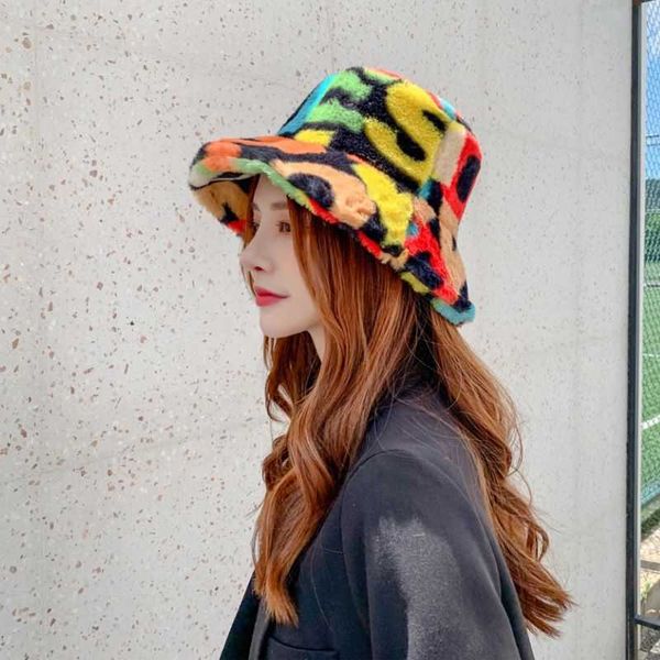 

wide brim hats outdoor multicolor rainbow faux fur letter pattern bucket women winter soft warm gorros mujer, Blue;gray