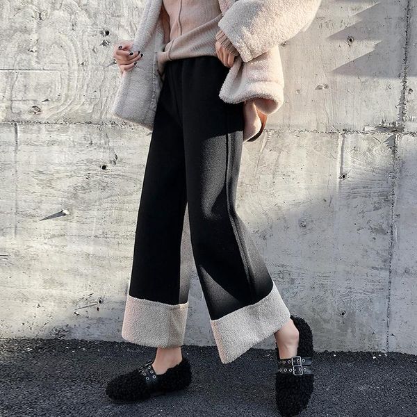 

women's pants & capris 2021 autumn winter woolen elegant casual ankle-length wide leg trousers high waist harem mujer, Black;white