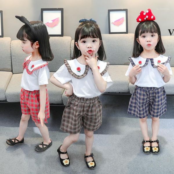 

clothing sets 2021 summer baby girls flower collar shirt with plaid shorts1, White