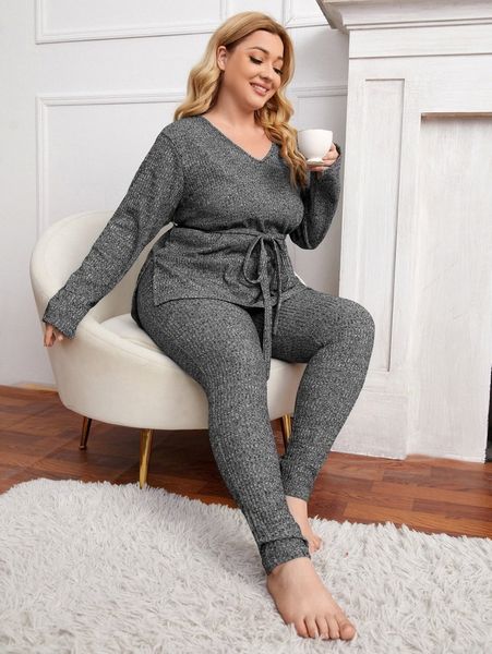 

plus solid rib-knit belted pj set 71mi#, Black;white