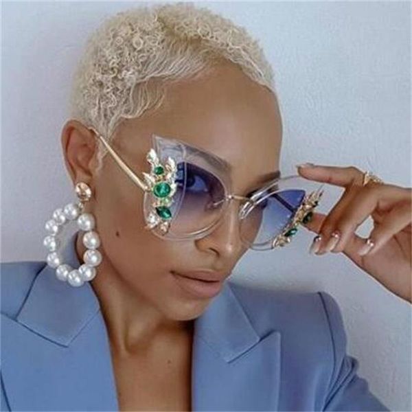 

new fashion green diamond oversized women designer luxury cat eye sunglasses transparent frame vintage shades 0067