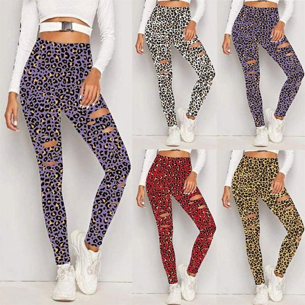 

women high waist pants leopard cutout ripped hole workout skinny leggings1, Black