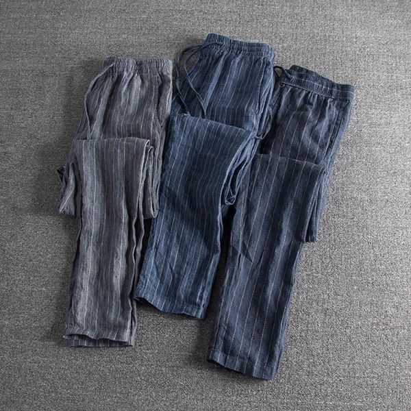 

japanese striped fashion washed linen slim trousers foreign trade original single men's casual pants for promotion wholesale1, Black