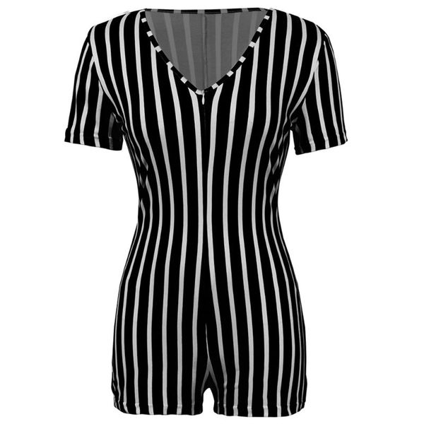 

l1154 women's deep v african sports striped short sleeve skinny striped zip women casual jumpsuit and rompers, Black;white