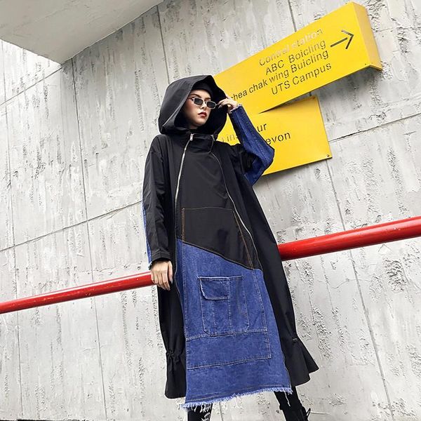 

new plus size women's 2020 spring autumn windbreaker coat women vintage loose denim stitching hooded long trench coats m1611, Tan;black