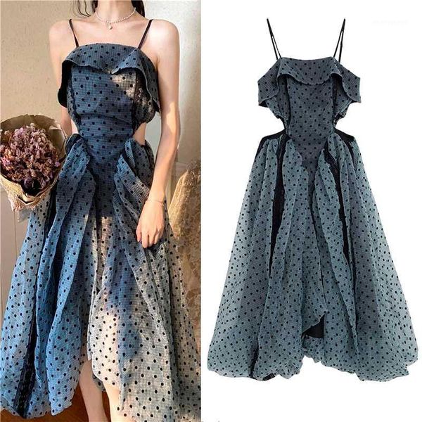 

casual dresses runway designer summer dress women spaghetti strap polka dot hollow out slim woman party slip sl4721, Black;gray