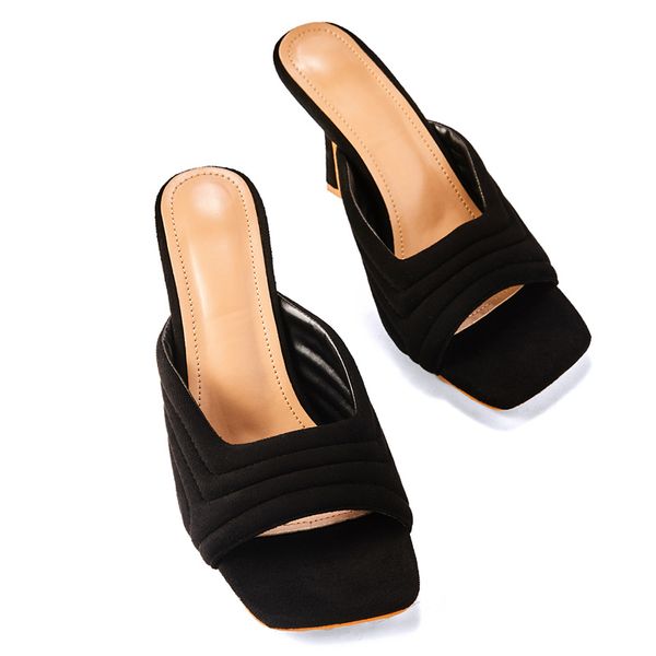

2021 women slides 9cm high heels black mules summer female crystal square peep toe sandals lady flock heels slippers party shoesmultifunctio