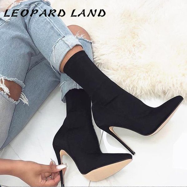

boots leopard land women's shoes mid elastic cloth pointed toe thin heeled high heels large size 43 zl-266-21, Black